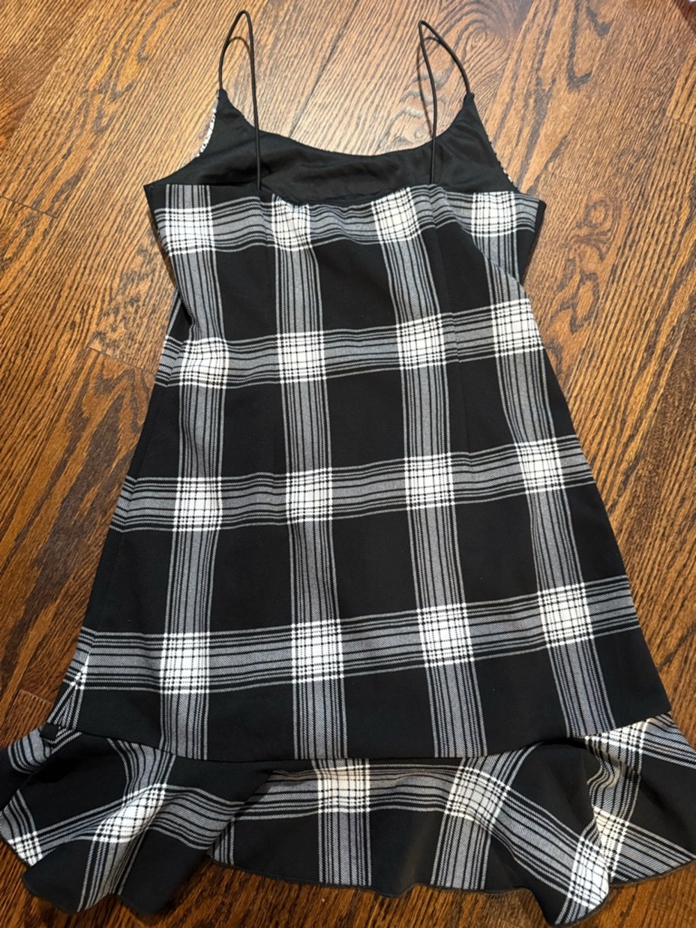 Aqua Black & White Plaid Spaghetti-Strap Ruffle-Hem Dress - Picture 2 of 3